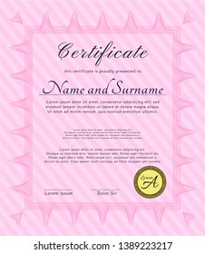 Pink Certificate of achievement. With complex background. Money design. Vector illustration. 