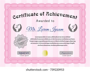 Pink Certificate of achievement. Complex background. Vector illustration. Lovely design. 