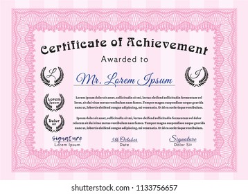 Pink Certificate of achievement. With complex linear background. Detailed. Lovely design. 