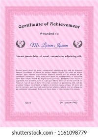 Pink Certificate of achievement. With complex linear background. Excellent design. Vector illustration. 