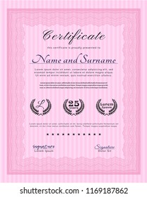 Pink Certificate of achievement. With complex linear background. Detailed. Sophisticated design. 