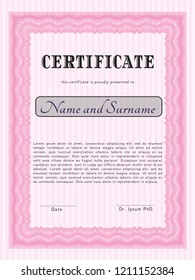Pink Certificate of achievement. With complex linear background. Beauty design. Detailed. 