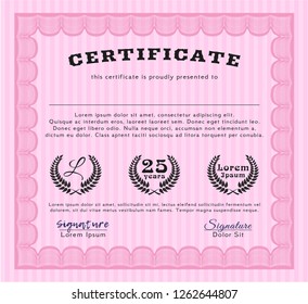 Pink Certificate of achievement. With complex linear background. Vector illustration. Beauty design. 