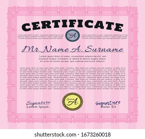 Pink Certificate of achievement. With complex linear background. Retro design. Detailed. 