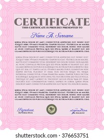 Certificado de logro rosa. Con un fondo lineal complejo. Plantilla de certificado de vector. Diseño retro. 