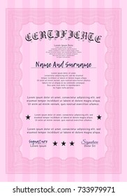Pink Certificate of achievement. Cordial design. With great quality guilloche pattern. Customizable, Easy to edit and change colors. 