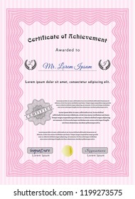 Pink Certificate of achievement. Customizable, Easy to edit and change colors. With guilloche pattern and background. Artistry design. 