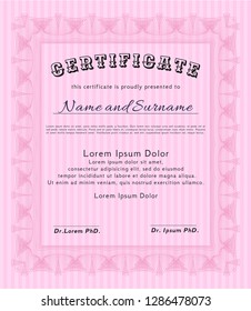Pink Certificate of achievement. Customizable, Easy to edit and change colors. With linear background. Money Pattern. 