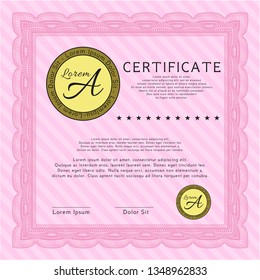 Pink Certificate of achievement. Customizable, Easy to edit and change colors. With guilloche pattern. Retro design. 