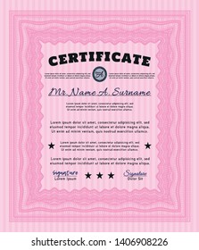 Pink Certificate of achievement. Customizable, Easy to edit and change colors. With great quality guilloche pattern. Cordial design. 