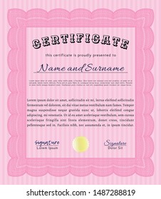 Pink Certificate of achievement. Customizable, Easy to edit and change colors. With guilloche pattern. Lovely design. 