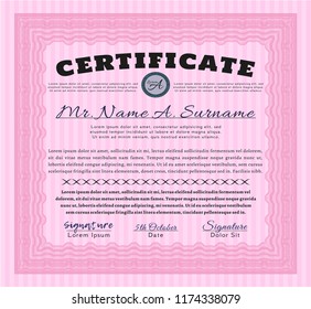 Pink Certificate of achievement. Detailed. With complex linear background. Superior design. 