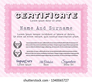 Pink Certificate of achievement. Detailed. With complex linear background. Excellent design. 