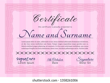 Pink Certificate of achievement. Detailed. With complex background. Superior design. 