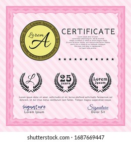 Pink Certificate of achievement. Detailed. With complex linear background. Sophisticated design. 