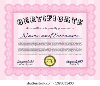 Pink Certificate of achievement. Easy to print. Money Pattern. Vector illustration. 