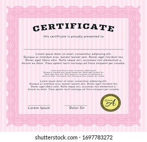 Pink Certificate of achievement. Easy to print. Lovely design. Vector illustration. 