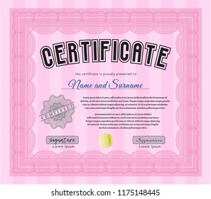 Pink Certificate of achievement. Elegant design. Vector illustration. Complex background. 