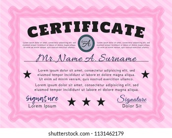 Pink Certificate of achievement. Excellent design. Vector illustration. Easy to print. 