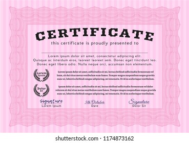 Pink Certificate of achievement. With great quality guilloche pattern. Perfect design. Detailed. 