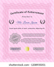 Pink Certificate of achievement. With great quality guilloche pattern. Vector illustration. Money Pattern design. 