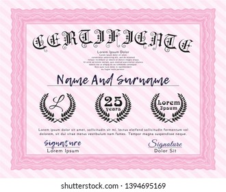 Pink Certificate of achievement. With great quality guilloche pattern. Cordial design. Detailed. 