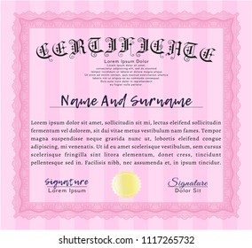 Pink Certificate of achievement. With guilloche pattern and background. Customizable, Easy to edit and change colors. Perfect design. 