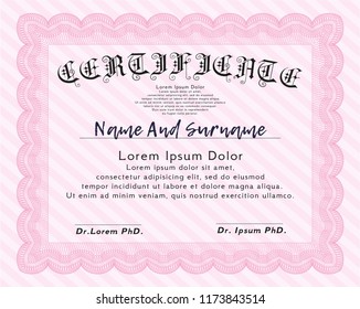 Pink Certificate of achievement. With guilloche pattern and background. Vector illustration. Retro design. 