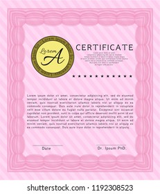 Pink Certificate of achievement. With guilloche pattern. Customizable, Easy to edit and change colors. Money style design. 