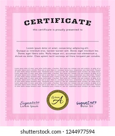 Pink Certificate of achievement. With guilloche pattern and background. Superior design. Detailed. 