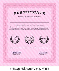 Pink Certificate of achievement. With guilloche pattern. Modern design. Customizable, Easy to edit and change colors. 