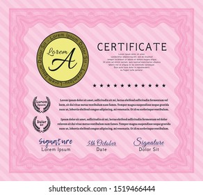 Pink Certificate of achievement. With guilloche pattern and background. Cordial design. Customizable, Easy to edit and change colors. 