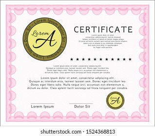Pink Certificate of achievement. With guilloche pattern and background. Cordial design. Detailed. 