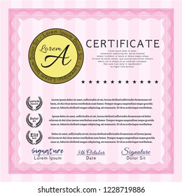 Pink Certificate of achievement. With linear background. Money style design. Customizable, Easy to edit and change colors. 