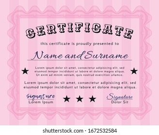 Pink Certificate of achievement. With linear background. Retro design. Vector illustration. 
