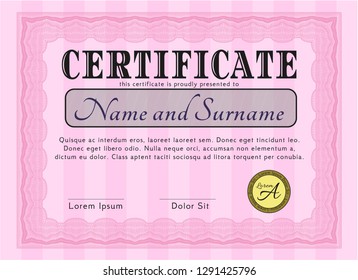 Pink Certificate of achievement. Lovely design. With guilloche pattern and background. Vector illustration. 