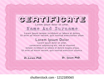Pink Certificate of achievement. Money Pattern. With guilloche pattern. Detailed. 