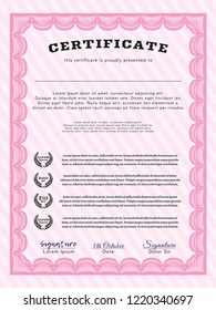Pink Certificate of achievement. Money Pattern. Detailed. Complex background. 