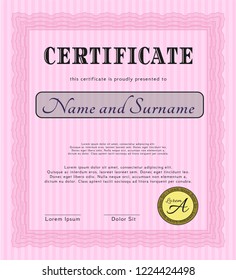 Pink Certificate of achievement. Money Pattern. With background. Vector illustration. 