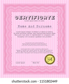 Pink Certificate of achievement. Money style design. Vector illustration. With quality background. 