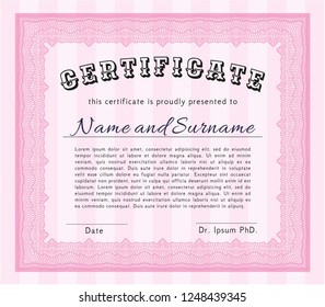 Pink Certificate of achievement. Printer friendly. Money Pattern design. Detailed. 