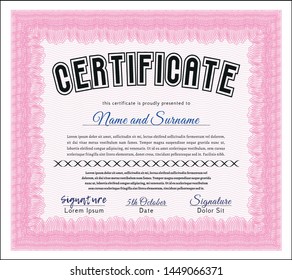 Pink Certificate of achievement. Printer friendly. Superior design. Vector illustration. 