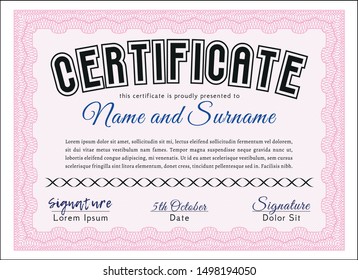 Pink Certificate of achievement. Printer friendly. Money Pattern design. Customizable, Easy to edit and change colors. 