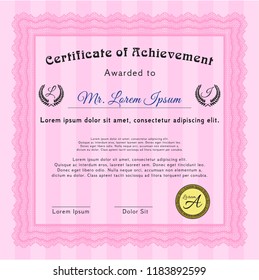 Pink Certificate of achievement. With quality background. Vector illustration. Lovely design. 