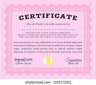 Pink Certificate of achievement. With quality background. Customizable, Easy to edit and change colors. Money Pattern. 