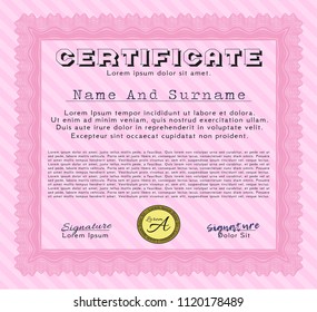 Pink Certificate of achievement. Sophisticated design. Printer friendly. Vector illustration. 