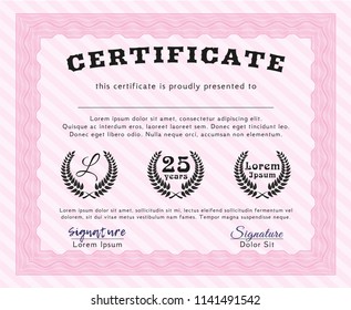 Pink Certificate of achievement template. Artistry design. Printer friendly. Detailed. 
