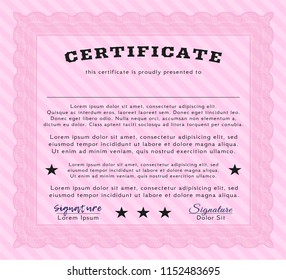 Pink Certificate of achievement template. Artistry design. Detailed. With complex background. 