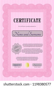 Pink Certificate of achievement template. Artistry design. Vector illustration. With great quality guilloche pattern. 