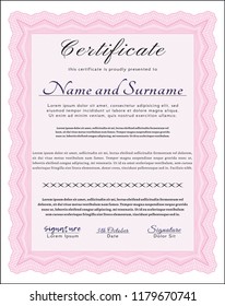 Pink Certificate of achievement template. With background. Cordial design. Vector illustration. 
